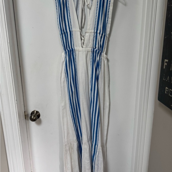 Lemlem LeLisa Deep V-Neck Stripe Maxi Dress Cover-Up White Eshe Blue - Picture 2 of 7